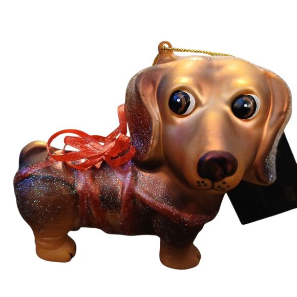 Robert Stanley Glass Christmas Ornament Dachshund Weiner Dog Red Ribbon Glitter - Picture 2 of 8